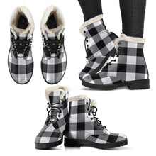 Load image into Gallery viewer, Black and White Buffalo Plaid Faux Fur Lined Vegan Leather Boots

