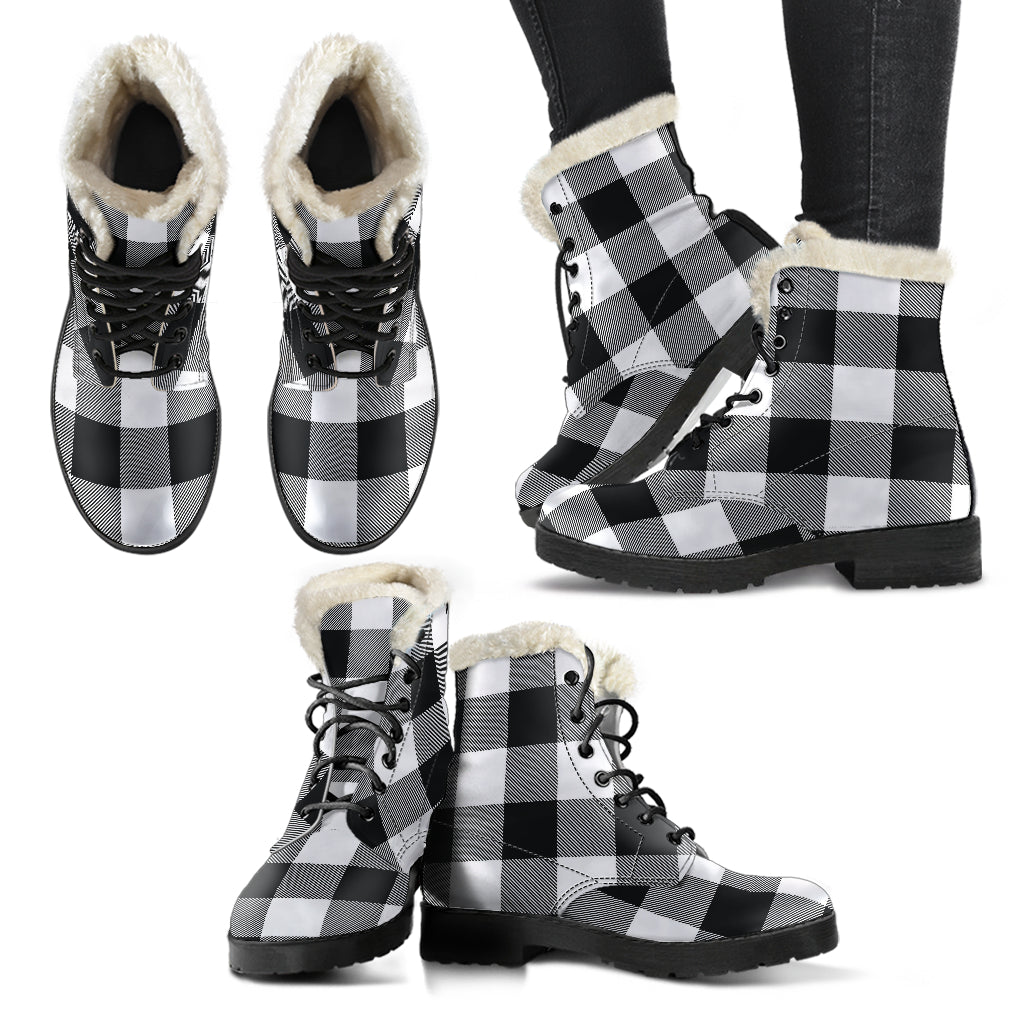 Black and White Buffalo Plaid Faux Fur Lined Vegan Leather Boots