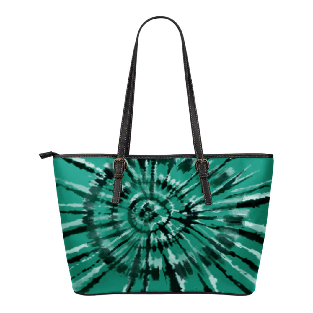 Teal Tie Dye Vegan Leather Tote Bag With Zipper Closure and Inner Pockets