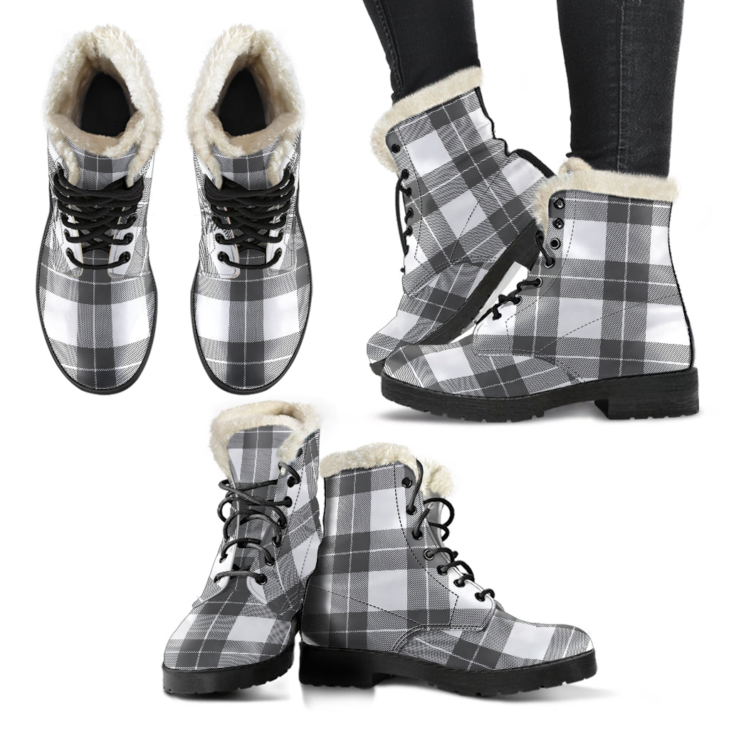 Gray and White Plaid Faux Fur Lined Vegan Leather Boots