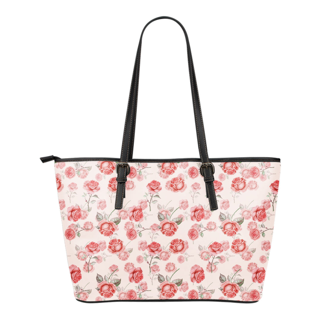 Pink and Red Rose Pattern Vegan Leather Tote Bag
