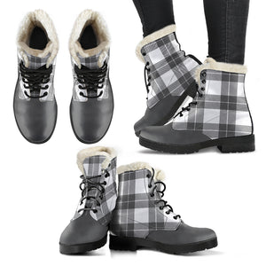 Gray and White Plaid Faux Fur Lined Vegan Leather Boots With Gray Toe