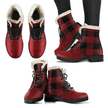 Load image into Gallery viewer, Red and Black Buffalo Plaid Color Block Fur Lined Vegan Leather Boots With Red Toe
