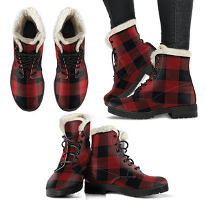 Red and Black Buffalo Plaid Faux Fur Lined Leather Boots