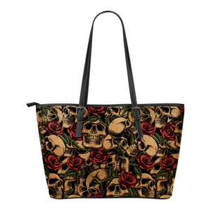 Skulls and Roses Old School Tattoo Style Vegan leather Tote Bag Shoulder Purse