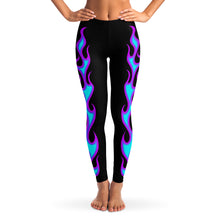 Load image into Gallery viewer, Teal and Purple Flames on Black Leggings XS - XL
