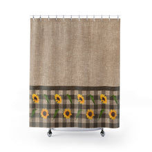 Load image into Gallery viewer, Brown Faux Burlap Buffalo Plaid With Sunflowers and Leaves Contrast Color block Pattern Shower Curtain Rustic Fall Home Decor
