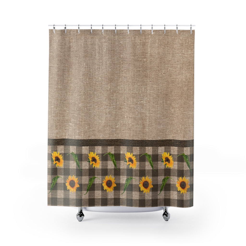 Brown Faux Burlap Buffalo Plaid With Sunflowers and Leaves Contrast Color block Pattern Shower Curtain Rustic Fall Home Decor