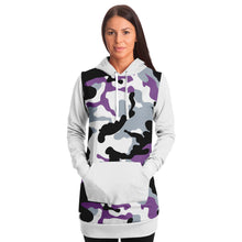 Load image into Gallery viewer, White and Purple Camouflage Longline Hoodie Dress With Solid White Sleeves, Pocket and Hood
