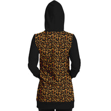 Load image into Gallery viewer, Leopard Print Longline Hoodie Dress With Contrast Black Sleeves, Pocket and Hood
