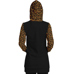 Black Longline Hoodie Dress With Leopard Print Contrast Sleeves, Pocket and Hood