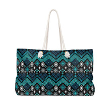 Load image into Gallery viewer, Teal Blue Ethnic Pattern Boho Weekender Bag For Shopping, Traveling, Oversized Tote With Rope Handles
