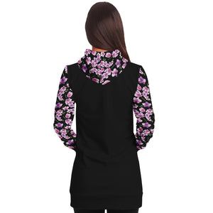 Black Longline Hoodie Dress With Pink Orchid Flower Pattern Sleeves, Pocket and Hood