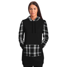 Load image into Gallery viewer, Black Longline Hoodie Dress With Black and White Plaid Contrast Sleeves, Pocket and Hood
