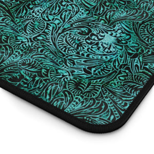 Dusky Turquoise Tooled Leather Style Pattern Desk Mat