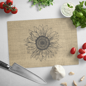 Burlap With Rustic Sunflower Design Outline Tempered Glass Cutting Board