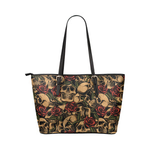 skull roses tote Leather Tote Bag/Small (Model 1651)