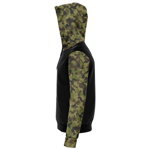 Camo and Black Contrast Hoodie With Green, Brown and Gray Camouflage Sleeves and Hood