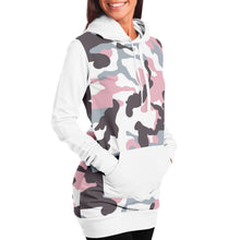 Load image into Gallery viewer, White and Pastel Mauve Camouflage Longline Hoodie Dress With Solid White Sleeves, Pocket and Hood
