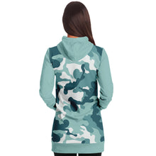 Load image into Gallery viewer, Pastel Teal Camouflage Longline Hoodie Dress With Solid Color Teal Sleeves, Pocket and Hood
