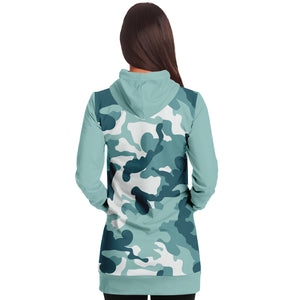 Pastel Teal Camouflage Longline Hoodie Dress With Solid Color Teal Sleeves, Pocket and Hood