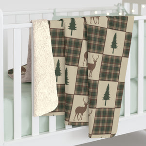 Sherpa Fleece Blanket With Tan, Brown and Green Bear and Pine Tree Patchwork Plaid Pattern