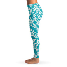 Load image into Gallery viewer, Teal and White Hibiscus Flower Hawaiian Pattern Leggings XS - XL
