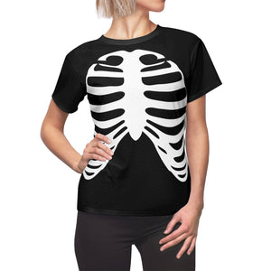 Copy of Skeleton Ribs on Black Women's T-Shirt With Skull Sleeves