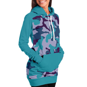 Teal and Purple Camouflage Longline Hoodie Dress With Teal Contrast Sleeves, Pocket and Hood