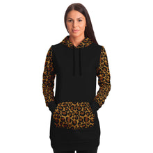 Load image into Gallery viewer, Black Longline Hoodie Dress With Leopard Print Contrast Sleeves, Pocket and Hood
