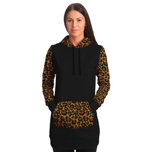 Black Longline Hoodie Dress With Leopard Print Contrast Sleeves, Pocket and Hood