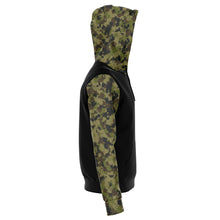 Load image into Gallery viewer, Camo and Black Contrast Hoodie With Green, Brown and Gray Camouflage Sleeves and Hood
