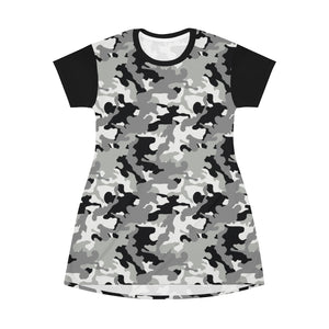 Camo T-Shirt Dress Black White and Gray Snow Camouflage Pattern Tunic Length