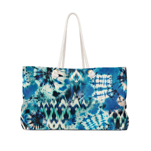 Blue and Green Tie Dye Style Pattern Boho Weekender Bag For Shopping, Traveling, Oversized Tote With Rope Handles