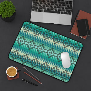 Turquoise and Tan Serape Style Desk Mat With White Tribal Design Overlay Ethnic Pattern