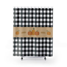 Load image into Gallery viewer, Black and White Buffalo Plaid Pattern Shower Curtain With Fall Pumpkin Design Rustic Home Decor
