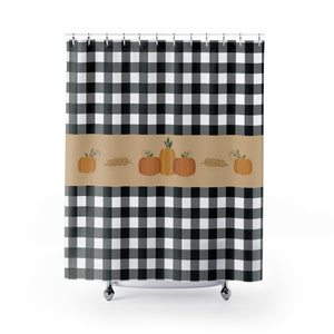 Black and White Buffalo Plaid Pattern Shower Curtain With Fall Pumpkin Design Rustic Home Decor