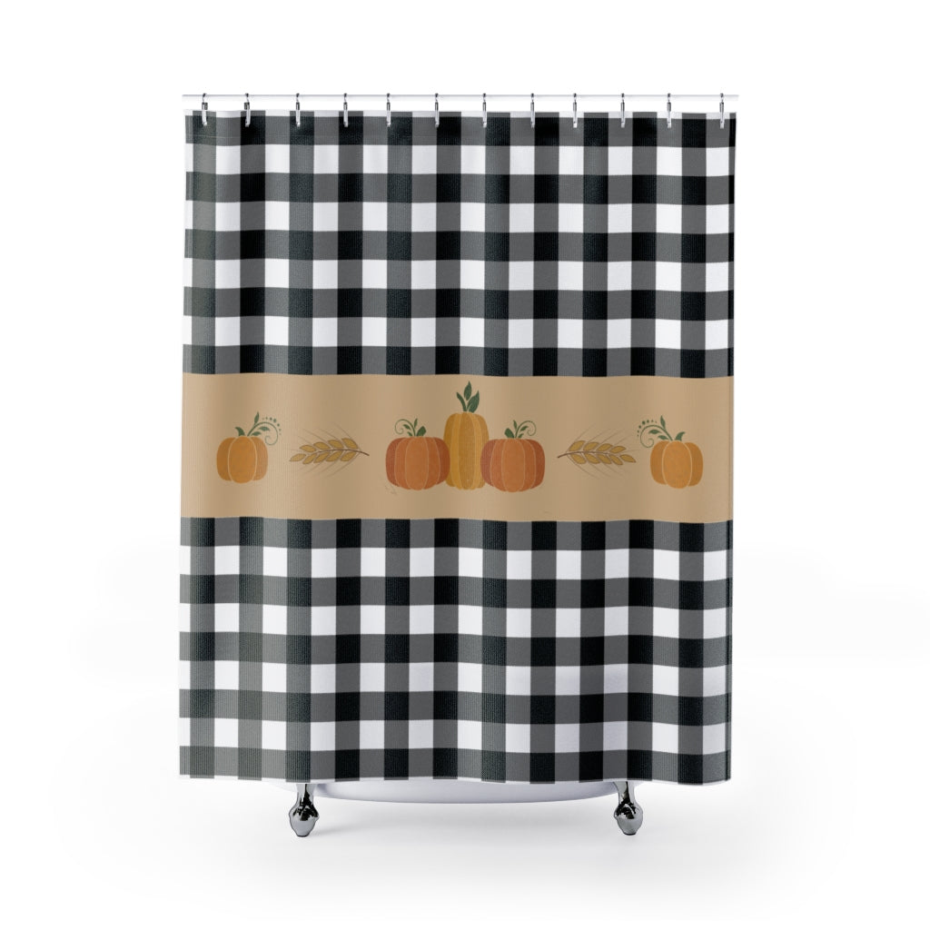 Black and White Buffalo Plaid Pattern Shower Curtain With Fall Pumpkin Design Rustic Home Decor