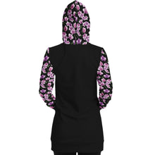 Load image into Gallery viewer, Black Longline Hoodie Dress With Pink Orchid Flower Pattern Sleeves, Pocket and Hood
