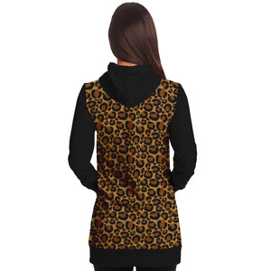 Leopard Print Longline Hoodie Dress With Contrast Black Sleeves, Pocket and Hood