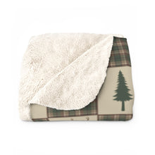 Load image into Gallery viewer, Sherpa Fleece Blanket With Tan, Brown and Green Bear and Pine Tree Patchwork Plaid Pattern
