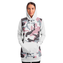 Load image into Gallery viewer, White and Pastel Mauve Camouflage Longline Hoodie Dress With Solid White Sleeves, Pocket and Hood
