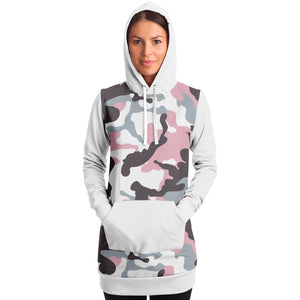 White and Pastel Mauve Camouflage Longline Hoodie Dress With Solid White Sleeves, Pocket and Hood
