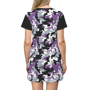 Camo Print T-Shirt Dress Tunic Length With Contrast Sleeves Purple, White and Black Camouflage