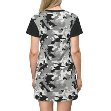 Load image into Gallery viewer, Camo T-Shirt Dress Black White and Gray Snow Camouflage Pattern Tunic Length
