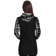 Load image into Gallery viewer, Black Longline Hoodie Dress With Black and White Plaid Contrast Sleeves, Pocket and Hood
