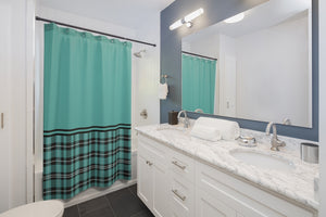 Turquoise With Plaid Contrast Color Block Shower Curtain