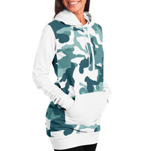 Load image into Gallery viewer, White and Minty Teal Camouflage Pattern Longline Hoodie Dress With Solid White Sleeves, Pocket and Hood

