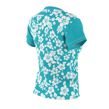 Load image into Gallery viewer, Teal and White Hibiscus Hawaiian Pattern Women&#39;s Tee
