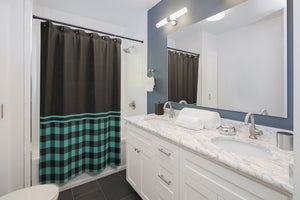 Turquoise Buffalo Plaid and Black Contrast Color Block Shower Curtain